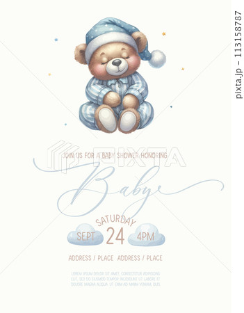 Cute baby shower watercolor invitation card with sleeping bear. 113158787