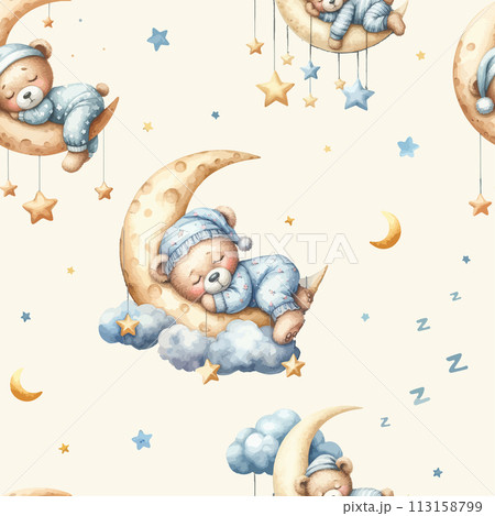 Seamless pattern with Cute watercolor sleeping bear on moon and cloud. 113158799