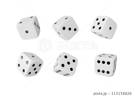 Realistic game dice 3d vector set, white cube with random numbers of black dots, gambling casino games and board games 113158826
