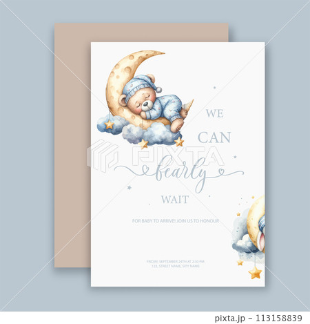 Cute watercolor invitation card. We can bearly wait. Its a girl, Its a boy card with sleeping bear on moon and cloud. 113158839