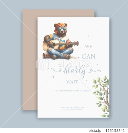 Cute baby shower watercolor invitation card for baby and kids new born celebration with hippie bear with guitar. 113158841