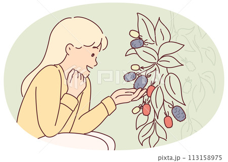 Girl sits near bush with fresh raspberries or blackberries tasting fruits of fruit plant Girl sits near bush with fresh raspberries or blackberries tasting fruits of fruit plant 113158975