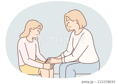 Mom holds hand of sad teenager daughter helps to get rid stress and consoles after quarrel Mom holds hand of sad teenager daughter helps to get rid stress and consoles after quarrel 113159034