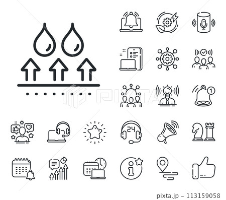 Water resistant sign. Place location, technology and smart speaker outline icons. Waterproof line icon. Drop protection symbol. Waterproof line sign. Influencer, brand ambassador icon. Vector 113159058