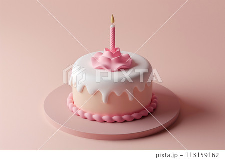 Happy birthday cake 3d render on pastel background. Birthday cartoon cake with candle. Holiday food, surprise party. Cartoon style, sweet baked food. 113159162