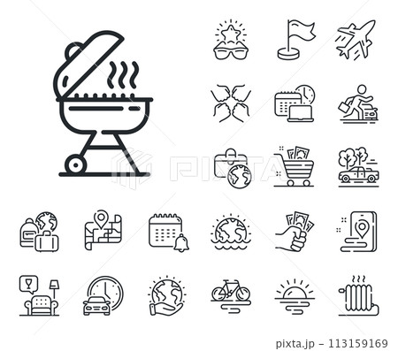 Barbecue cooker for cooking food sign. Plane jet, travel map and baggage claim outline icons. Grill line icon. Hot meat brazier symbol. Grill line sign. Car rental, taxi transport icon. Vector 113159169
