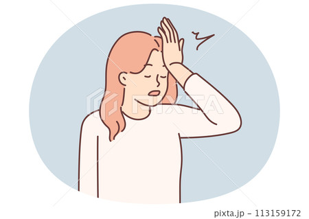 Woman makes gesture with facepalm putting palm to forehead, having learned about mistake made 113159172