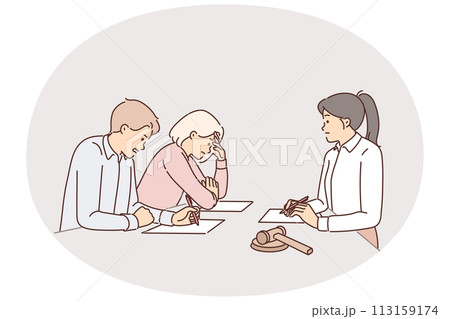 Family participates in divorce proceedings by visiting lawyers or judge who decides on children 113159174