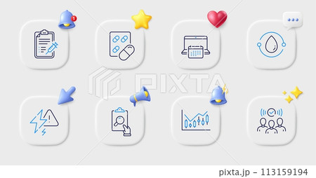 Inspect, Squad and Cold-pressed oil line icons. Buttons with 3d bell, chat speech, cursor. Pack of Capsule pill, Calendar, Lightning bolt icon. Vaccine report, Financial diagram pictogram. Vector 113159194