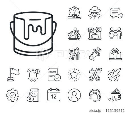 Tin of acrylic paint sign. Salaryman, gender equality and alert bell outline icons. Paint bucket line icon. Painter can symbol. Paint line sign. Spy or profile placeholder icon. Vector 113159211