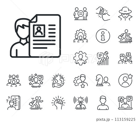 CV documents or Portfolio sign. Specialist, doctor and job competition outline icons. Business recruitment line icon. Job interview line sign. Avatar placeholder, spy headshot icon. Vector 113159225