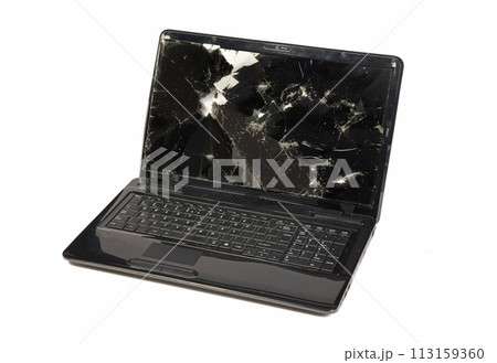 Old broken laptop isolated on white background 113159360