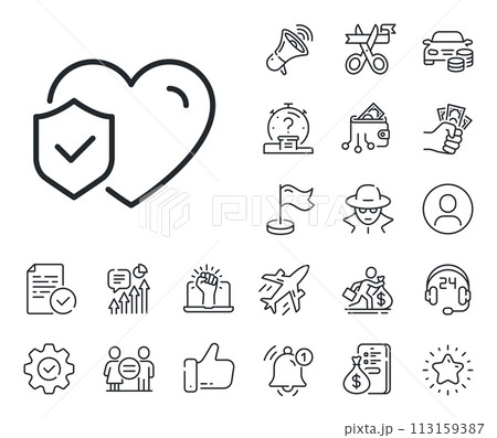 Health coverage sign. Salaryman, gender equality and alert bell outline icons. Life insurance line icon. Protection policy symbol. Life insurance line sign. Spy or profile placeholder icon. Vector 113159387