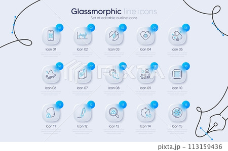 Set of Unlock system, Vitamin k and Stock analysis line icons for web app. Click here, Signature, Cpu processor icons. Electric energy, Qr code, Search employees signs. Timer. Vector 113159436