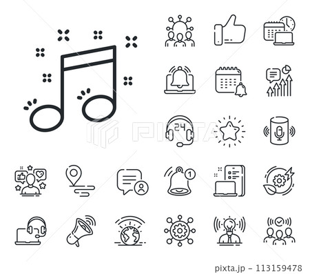 Music sign. Place location, technology and smart speaker outline icons. Musical note line icon. Musical note line sign. Influencer, brand ambassador icon. Support, online offer. Vector 113159478