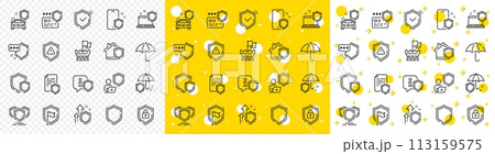 Car insurance, Secure shield and Safe umbrella. Defense line icons. Safety risk, Computer security and Defense privacy icons. Secure online information, Tower castle and protect shield. Vector Car insurance, Secure shield and Safe umbrella. Defense line icons. Safety risk, Computer security and Defense privacy icons. Secure online information, Tower castle and protect shield. Vector 113159575