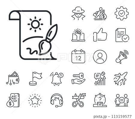 Creativity sign. Salaryman, gender equality and alert bell outline icons. Creative painting brush line icon. Graphic art symbol. Creative painting line sign. Spy or profile placeholder icon. Vector Creativity sign. Salaryman, gender equality and alert bell outline icons. Creative painting brush line icon. Graphic art symbol. Creative painting line sign. Spy or profile placeholder icon. Vector 113159577