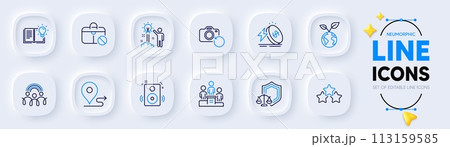 Justice scales, Jobless and Ranking stars line icons for web app. Pack of Energy price, Recovery photo, Journey pictogram icons. Save planet, Business podium, Inclusion signs. Vector 113159585