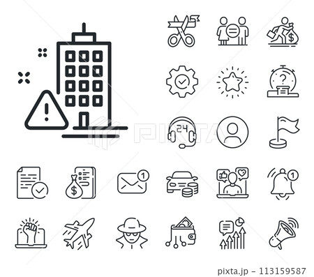 Attention triangle sign. Salaryman, gender equality and alert bell outline icons. Building construction warning line icon. Caution house symbol. Building warning line sign. Vector 113159587