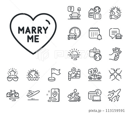 Sweet heart sign. Plane jet, travel map and baggage claim outline icons. Marry me line icon. Wedding love symbol. Marry me line sign. Car rental, taxi transport icon. Place location. Vector 113159591