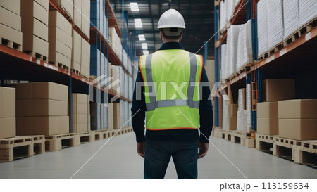 Back view of a supervisor with a hard hat in a warehouse aisle Back view of a supervisor with a hard hat in a warehouse aisle 113159634