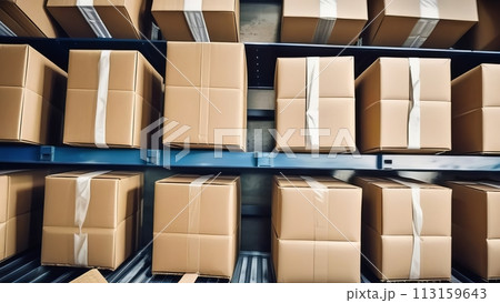 Stacked cardboard packages on metal shelving 113159643