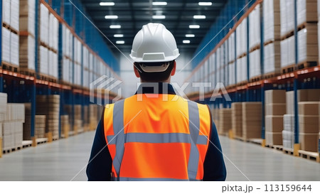 Rear view of the warehouse manager, wearing an orange vest and a white hard hat 113159644