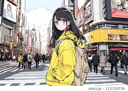 街中で撮影する若い女の子・パーカー女子「AI生成画像」のイラスト素材