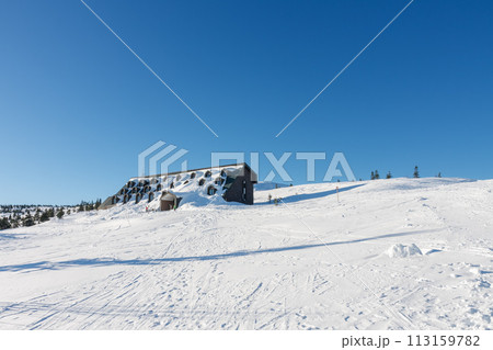 Cottage Vyrovka,  cottage covered by snow, height quota 1356  m,  krkonose mountains Czech Republic 113159782
