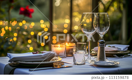 Festive table setting  with cutlery, candles and beautiful red flowers in vase 113159878