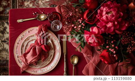 Festive table setting with cutlery, candles and beautiful red flowers in vase Festive table setting with cutlery, candles and beautiful red flowers in vase 113159880