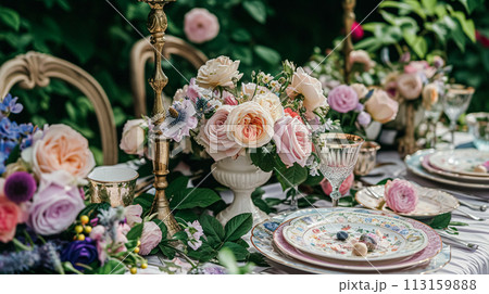 Table setting with rose flowers and candles for an event party or wedding reception in summer garden. 113159888