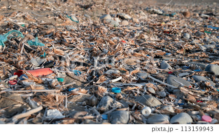 A stony beach strewn with plastic rubbish.  113159943