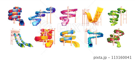 Waterslide and tubes of aquapark color vector icon big set Waterslide and tubes of aquapark color vector icon big set 113160041