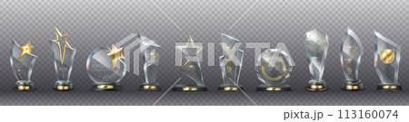 Glass trophies with golden decor vector illustration set 113160074