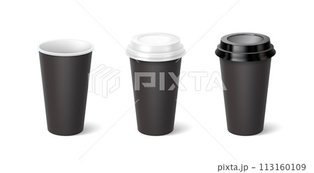 Black mockup cups 3d realistic vector illustration set Black mockup cups 3d realistic vector illustration set 113160109