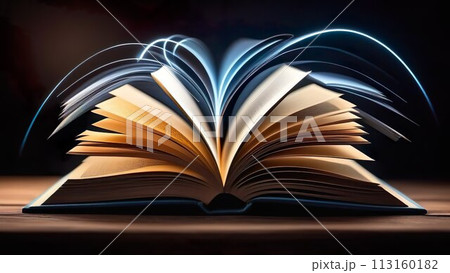 An open book on a wooden table, a gateway to knowledge and wisdom. In the library's vintage ambiance 113160182