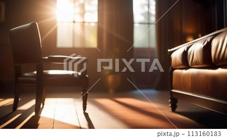An interior scene with a vintage charm: a cozy room with wooden furniture and soft lighting 113160183