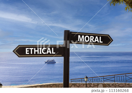 Ethical or moral symbol. Concept word Ethical or Moral on beautiful signpost with two arrows. Beautiful blue sea sky with clouds background. Business and ethical or moral concept. Copy space. 113160268