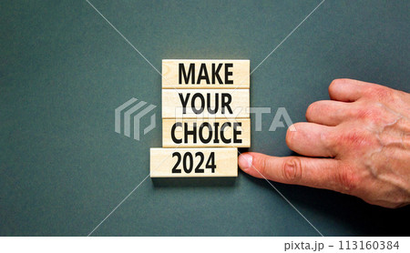 Make your choice 2024 symbol. Concept words Make your choice 2024 on beautiful wooden block. Beautiful grey table grey background. Voter hand. Business Make your choice 2024 concept. Copy space. Make your choice 2024 symbol. Concept words Make your choice 2024 on beautiful wooden block. Beautiful grey table grey background. Voter hand. Business Make your choice 2024 concept. Copy space. 113160384