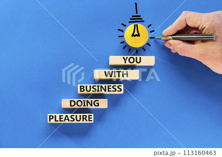 Pleasure doing business with you symbol. Concept words Pleasure doing business with you on wooden blocks. Beautiful blue table blue background. Pleasure doing business with you concept. Copy space. Pleasure doing business with you symbol. Concept words Pleasure doing business with you on wooden blocks. Beautiful blue table blue background. Pleasure doing business with you concept. Copy space. 113160463