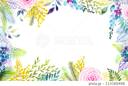 Frame with Yellow mimosa. Spring wreath of the brightest different colorful flowers. Hello Spring . hand drawing. Not AI, Frame with Yellow mimosa. Spring wreath of the brightest different colorful flowers. Hello Spring . hand drawing. Not AI, 113160498