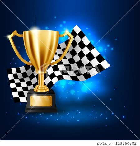 Realistic Golden Trophy with Checkered Flag Racing Championship on Blue Background, Vector Illustration Realistic Golden Trophy with Checkered Flag Racing Championship on Blue Background, Vector Illustration 113160582