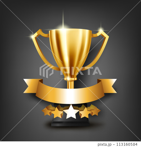 Realistic Golden Trophy with Place For Text on Gold Ribbon, Vector Illustration Realistic Golden Trophy with Place For Text on Gold Ribbon, Vector Illustration 113160584
