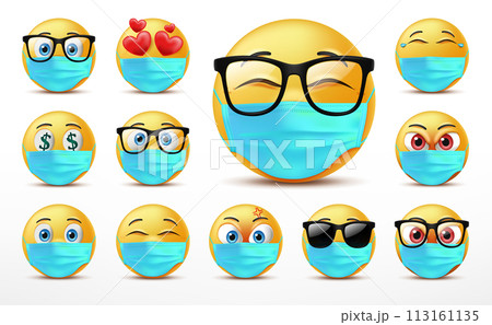 Smiling Faces Emoticon Character Set, Facial Expressions of Cute Yellow Faces Covered in Medical Mask. 3D Realistic, Vector Illustration 113161135