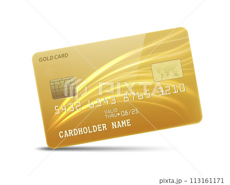 Detailed Glossy Gold Credit card with Wavy Neon Light Decoration, Isolated on White Background, Vector Illustration 113161171