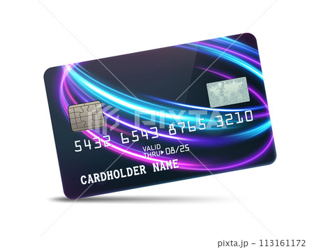 Detailed Glossy Platinum Credit card with Wavy Neon Light Decoration, Isolated on White Background, Vector Illustration 113161172