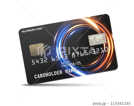 Detailed Glossy Platinum Credit card with Wavy Neon Light Decoration, Isolated on White Background, Vector Illustration 113161185