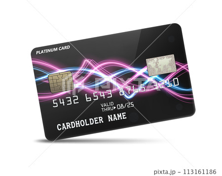 Detailed Glossy Platinum Credit card with Wavy Neon Light Decoration, Isolated on White Background, Vector Illustration 113161186
