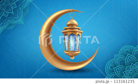 Realistic Gold Lantern Hanging on A Moon, Islamic Background, Vector Illustration 113161235
